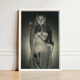 Black-and-white Framed Photograph Woman Draped Delicate Mesh Veil Wide-mesh Fishing Net, Drapes, Open Lattice Pressing, Shadow-diamonds,