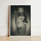Black-and-white Framed Photographic Print Woman Draped Mesh Fabric Wide-mesh Fishing Net, Drapes, Open Lattice Pressing, Shadow-diamonds,