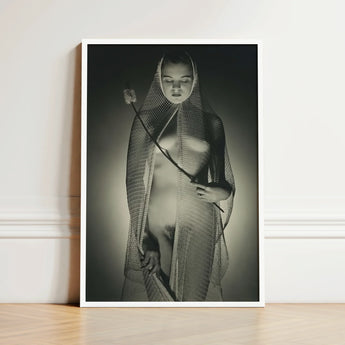 Black-and-white Framed Photographic Print Woman Draped Mesh Fabric Wide-mesh Fishing Net, Drapes, Open Lattice Pressing, Shadow-diamonds,
