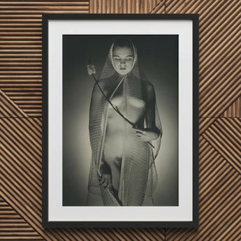 The Bride - Max Dupain Art Print / Canvas Black-framed Black-and-white Photographic Woman Draped Mesh Fabric Wide-mesh Fishing Net, Drapes,