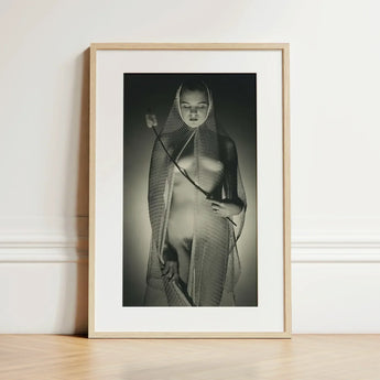 The Bride - Max Dupain Art Print / Canvas Black-and-white Framed Photograph Light Wood Frame Woman Draped Wide-mesh Fishing Net, Drapes,