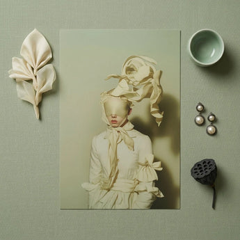 Bright Side - Surreal High Fashion Art Print / Canvas Cream-colored Silk Fabric Figure Adorned Elaborate, Ethereal Metamorphosis,