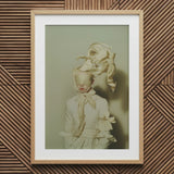 Bright Side - Surreal High Fashion Art Print / Canvas White Lace Dress Bow Ribbon Framed Light Wood, Ethereal Metamorphosis, where Fabric