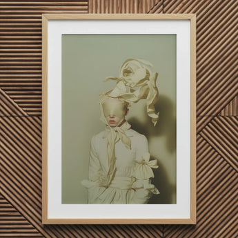 Bright Side - Surreal High Fashion Art Print / Canvas White Lace Dress Bow Ribbon Framed Light Wood, Ethereal Metamorphosis, where Fabric