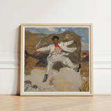 Framed Painting Light Wood Frame Depicts Person Rocky Red Knot Pulsing, Fine Art Print, White