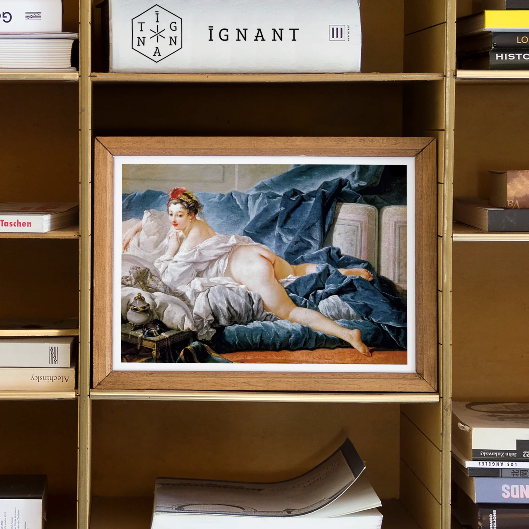 Brunette Odalisque Francois Boucher Nude Art Print, 16x12’’ / 41x31cm / Unframed, Framed Classical Painting Figure Blue White Fabric