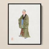 Framed Traditional Chinese Ink Wash Painting Serene Monk Buddhist, Qing Dynasty Manchu Clothing, Art