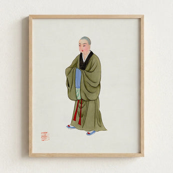 Framed Illustration Buddhist Monk Olive-green Robes Black Red Chinese, Qing Dynasty Manchu Clothing, Art