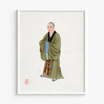 Framed Illustration Buddhist Monk Olive-green Robes Black Red Chinese, Qing Dynasty Manchu Clothing, Art
