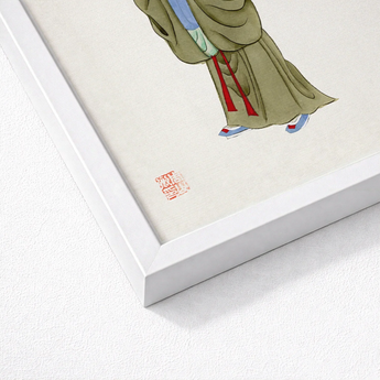 Framed Traditional East Asian Painting Figure Olive-green Robes Chinese Buddhist Monk, Qing Dynasty Manchu Clothing, Art