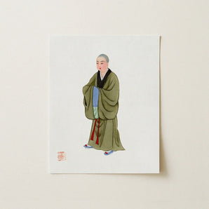 Buddhist Monk - Qing Dynasty Clothing Art Print / Canvas Delicate Illustration Olive-green Robes Black Red Chinese, Manchu, Prints