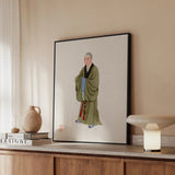 Buddhist Monk - Qing Dynasty Clothing Art Print / Canvas Framed Artwork Monk Olive-green Robes Red Accents Blue Chinese Buddhist Monk, Qing