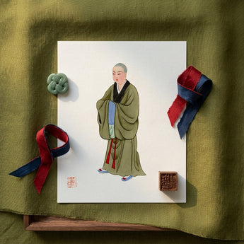 Buddhist Monk - Qing Dynasty Clothing Art Print / Canvas Traditional Chinese Ink-wash Painting Bald Monk Olive-green Robes Buddhist Monk,