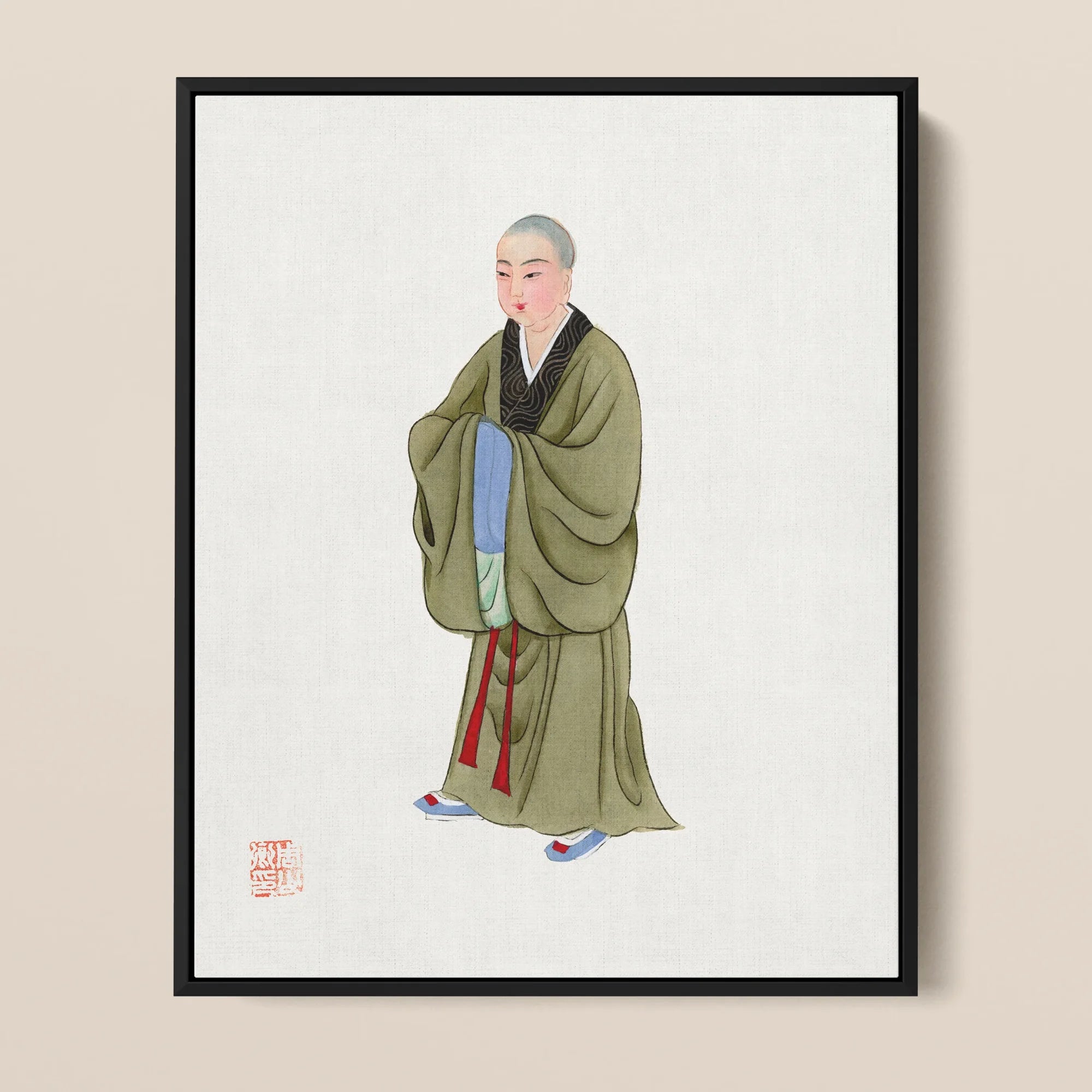Buddhist Monk Qing Dynasty Framed Canvas, Traditional East Asian Painting Buddhist Monk Green Robes