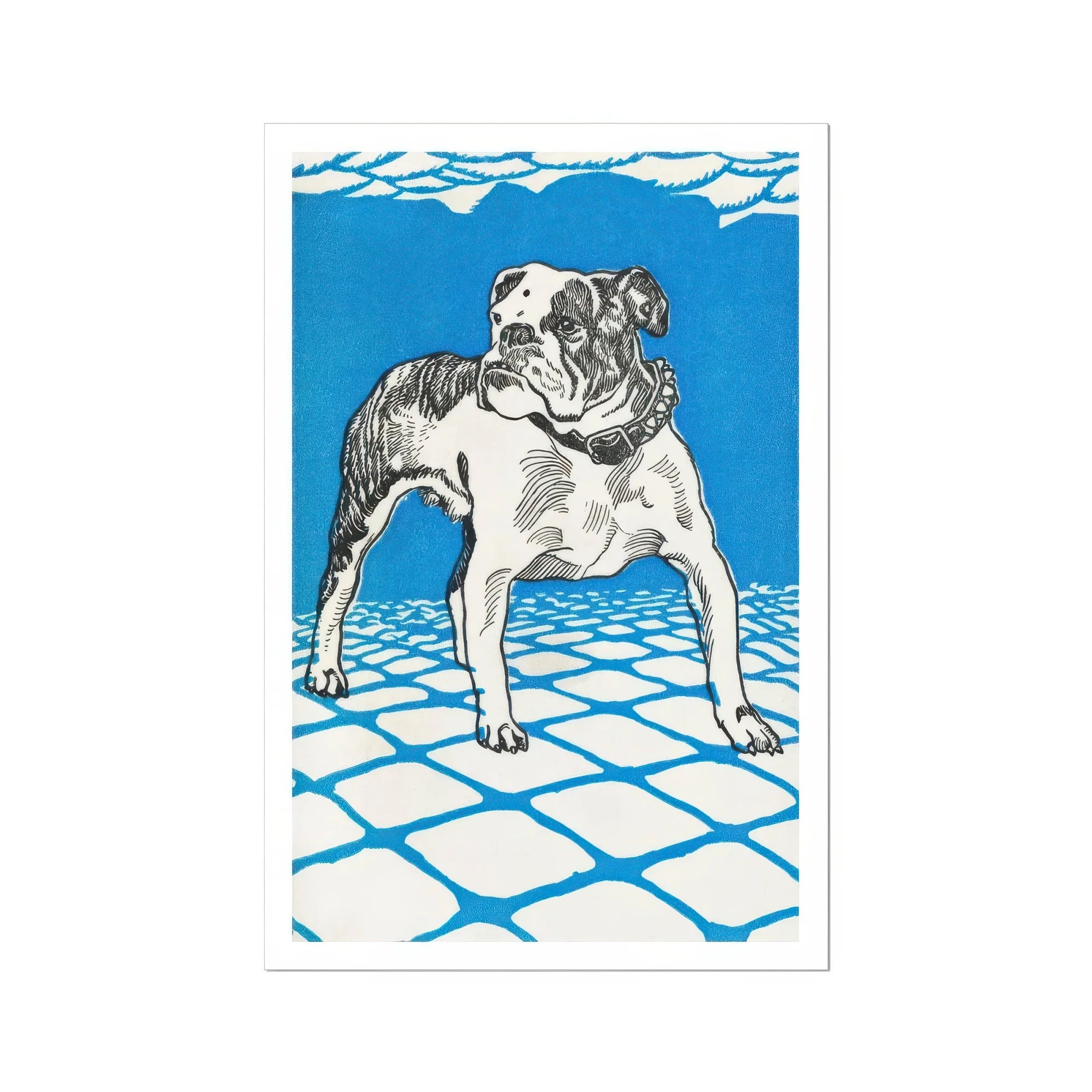 Bulldog Moriz Jung Lithograph Dog Art Print, Black White Illustration Muscular Bulldog Alert Pose