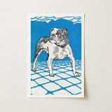 Bulldog - Moriz Jung Lithograph Dog Art Print / Canvas Bold Blue White Linocut Cobblestone Path Jung’s, Leaps, Prints