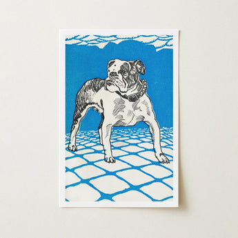 Bulldog - Moriz Jung Lithograph Dog Art Print / Canvas Bold Blue White Linocut Cobblestone Path Jung’s, Leaps, Prints