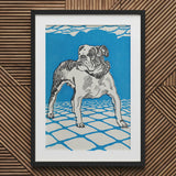 Bulldog - Moriz Jung Lithograph Dog Art Print / Canvas Framed Linocut Black White Vibrant Blue Jung’s, Leaps, Prints