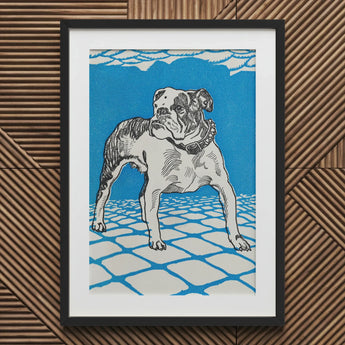 Bulldog - Moriz Jung Lithograph Dog Art Print / Canvas Framed Linocut Black White Vibrant Blue Jung’s, Leaps, Prints