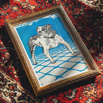 Bulldog - Moriz Jung Lithograph Dog Art Print / Canvas Framed Portrait Bulldog Blue White Tiled Floor Moriz Jung’s Bulldog, Leaps, Jung