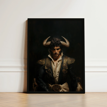 Framed Portrait Man Prominent Bull Horns Dressed Ornate Gay Matador Art, Queer Power Incarnate, Myth Meets Masculinity