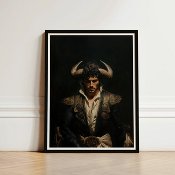 Framed Portrait Man Ornate Dark Blue Gold Attire Gay Matador Art, Queer Power Incarnate, Myth Meets Masculinity