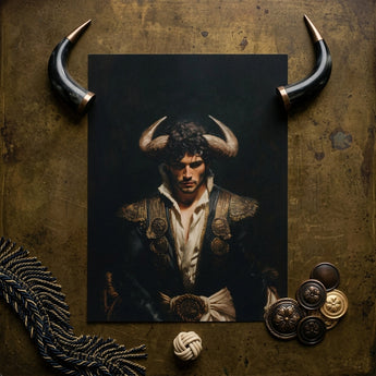 Bullish - Horny Gay Matador Art Print / Canvas Dark-toned Portrait Print Man Ornate Attire Prominent Horns Gay Matador Art, Queer Power