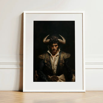Bullish - Horny Gay Matador Art Print / Canvas Framed Portrait Man Bull Horns Dressed Ornate Dark, Queer Power Incarnate, Myth Meets