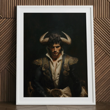 Bullish - Horny Gay Matador Art Print / Canvas Framed Portrait Man Ornate Dark Blue Gold Attire Gay Matador Art, Queer Power Incarnate,