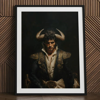 Bullish - Horny Gay Matador Art Print / Canvas Framed Portrait Man Ornate Dark Blue Gold Attire, Queer Power Incarnate, Myth Meets