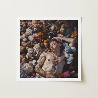 Bunked Twunk - Trashy Lowbrow Gay Punk Art Print / Canvas Framed Tattooed Man Among Colorful Assortment Shirtless Slumbers, Homoerotic