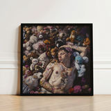 Black-framed Canvas Print Tattooed Man Surrounded Colorful Stuffed Shirtless Twunk Slumbers, Lowbrow Gay Punk, Homoerotic Art