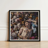 Black-framed Art Print Man Surrounded Colorful Stuffed Animals Shirtless Twunk Slumbers, Lowbrow Gay Punk, Homoerotic