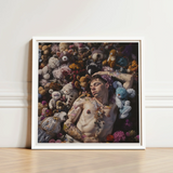 White-framed Art Print Man Tattoos Surrounded Colorful Stuffed Shirtless Twunk Slumbers, Lowbrow Gay Punk, Homoerotic