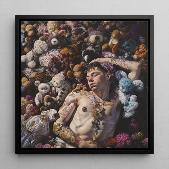 Bunked Twunk - Trashy Lowbrow Gay Punk Art Print / Canvas Black-framed Man Tattoos Surrounded Colorful Stuffed Shirtless Slumbers,