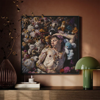 Bunked Twunk - Trashy Lowbrow Gay Punk Art Print / Canvas Framed Artwork Man Surrounded Colorful Stuffed Animals Flowers Shirtless