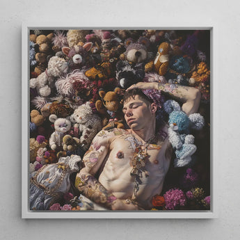 Bunked Twunk - Trashy Lowbrow Gay Punk Art Print / Canvas Framed Man Tattoos Among Dense Collection Shirtless Slumbers, Homoerotic Prints