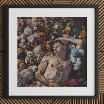 Bunked Twunk - Trashy Lowbrow Gay Punk Art Print / Canvas Framed Tattooed Man Among Colorful Assortment Shirtless Slumbers, Homoerotic