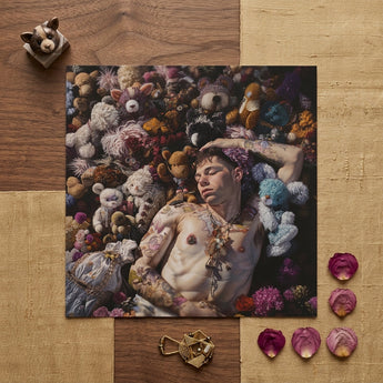 Bunked Twunk - Trashy Lowbrow Gay Punk Art Print / Canvas Square Art Print Man Tattoos Among Colorful Stuffed Shirtless Twunk Slumbers,