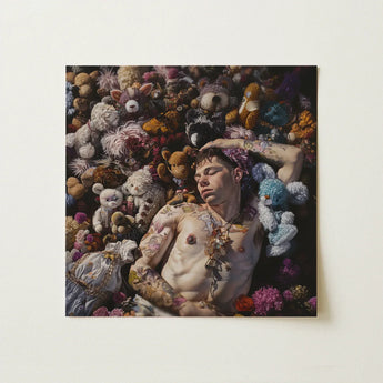Bunked Twunk - Trashy Lowbrow Gay Punk Art Print / Canvas Square Painting Tattooed Man Among Dense Collection Shirtless Slumbers,