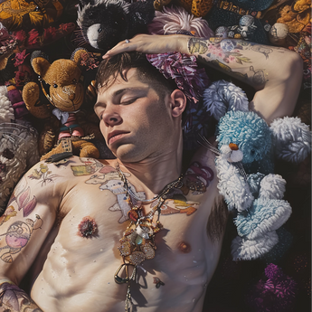 Bunked Twunk - Trashy Lowbrow Gay Punk Art Print / Canvas Teddy Bear Blue White Pom-poms Plush Material Shirtless Twunk Slumbers, Lowbrow