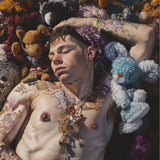 Bunked Twunk - Trashy Lowbrow Gay Punk Art Print / Canvas Teddy Bear Blue White Pom-poms Plush Material Shirtless Slumbers, Homoerotic