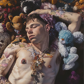Bunked Twunk - Trashy Lowbrow Gay Punk Art Print / Canvas Teddy Bear Blue White Pom-poms Plush Material Shirtless Slumbers, Homoerotic