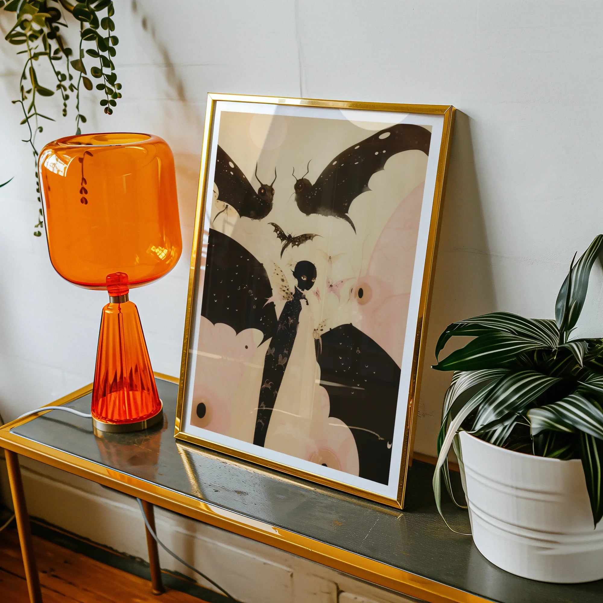 Butterfly Effect Surreal Metamorphosis Art Print, 18x24’’ / 46x61cm / Unframed, Gothic Style Artwork Black Bats Silhouetted Figure Gold