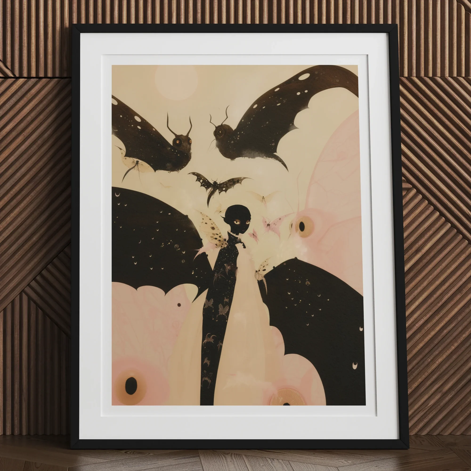 Butterfly Effect Surreal Metamorphosis Art Print, 24x32’’ / 61x81cm / Unframed, Framed Artwork Stylized Figure Surrounded Bat Like Shapes