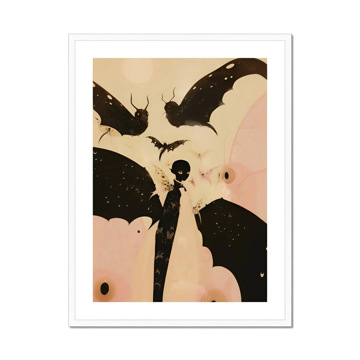 Butterfly Effect Surreal Metamorphosis Art Print, Black Silhouette Dragonfly Bat Like Wings
