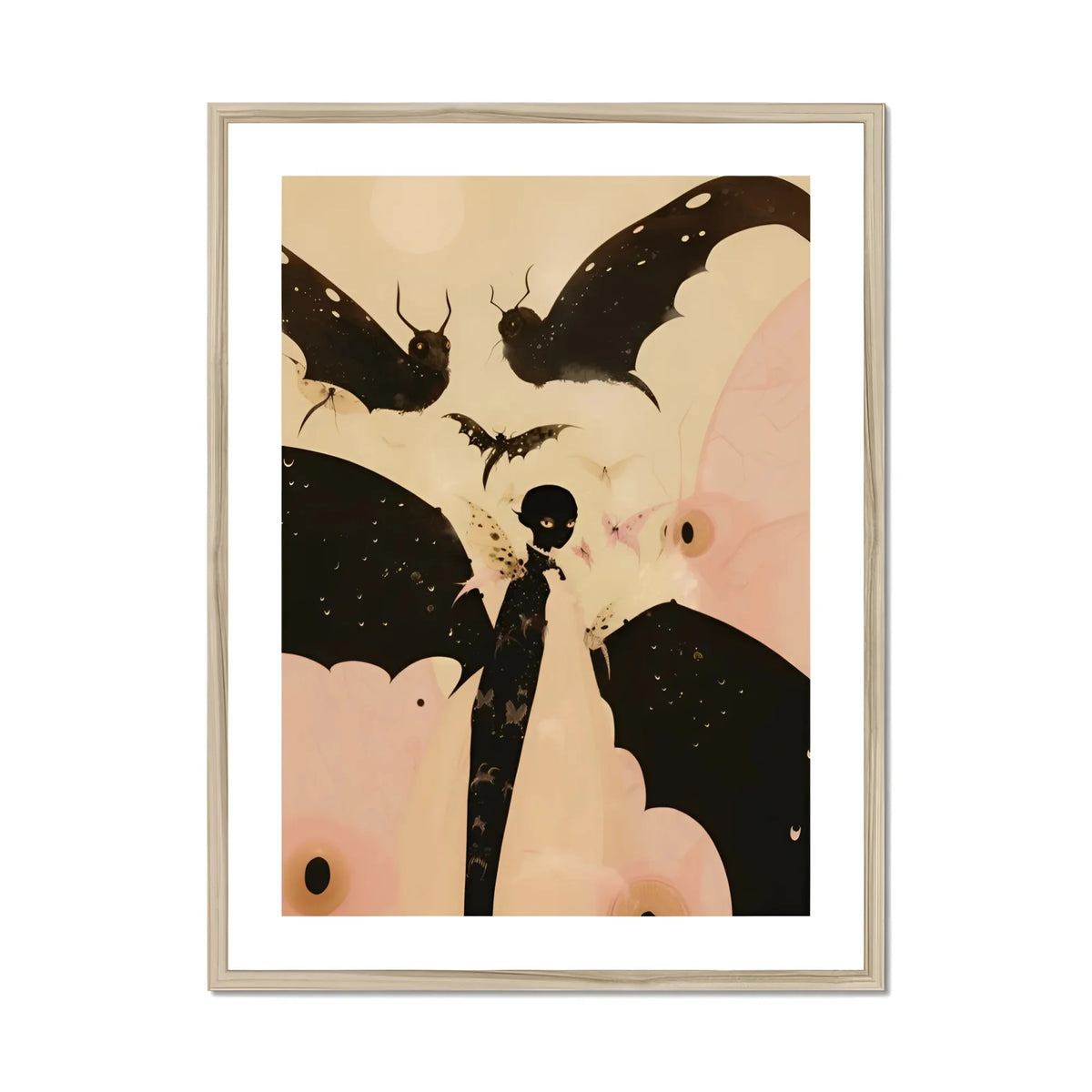 Butterfly Effect Surreal Metamorphosis Art Print, Black Silhouette Dragonfly Bat Like Wings