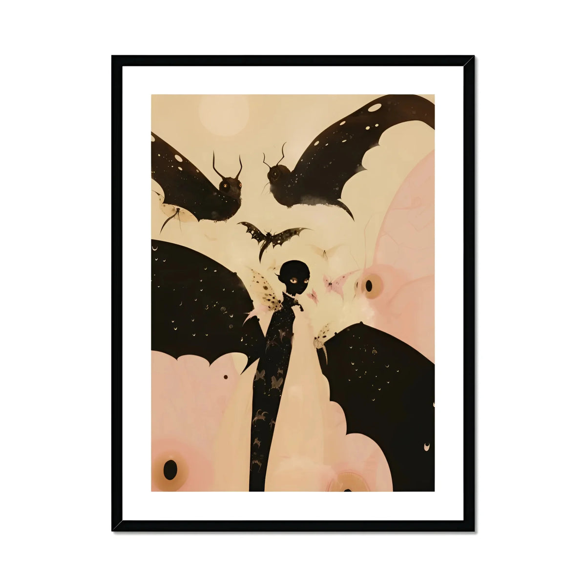 Butterfly Effect Surreal Metamorphosis Art Print, Black Silhouette Dragonfly Bat Like Wings