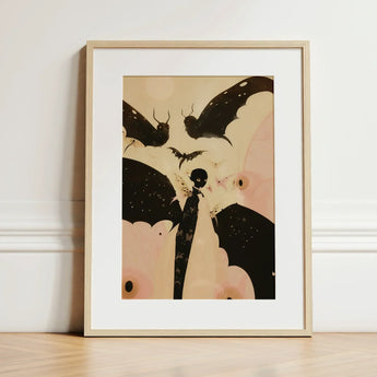 Butterfly Effect - Surreal Metamorphosis Art Print / Canvas Framed Artwork Stylized Black Bat Wings Spread Soft, Prints