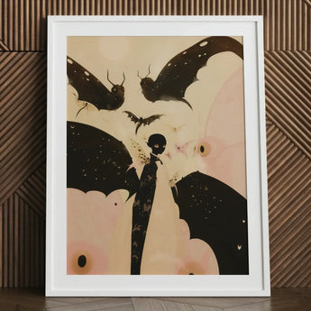 Butterfly Effect - Surreal Metamorphosis Art Print / Canvas Framed Artwork Stylized Figure Bat Wings Multiple Bats, Prints